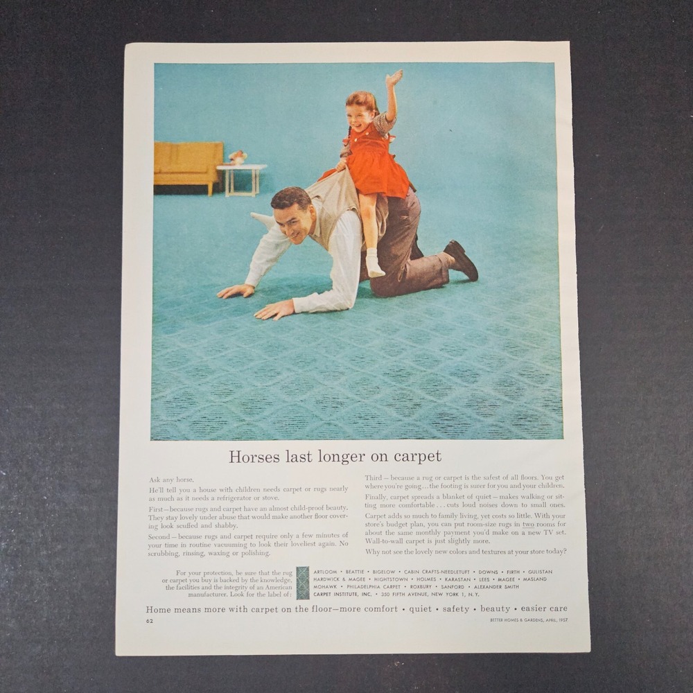 1957 Carpet Institute Inc Vintage Print Ad Girl Riding Dad-Horse-Bronco‎ NYC